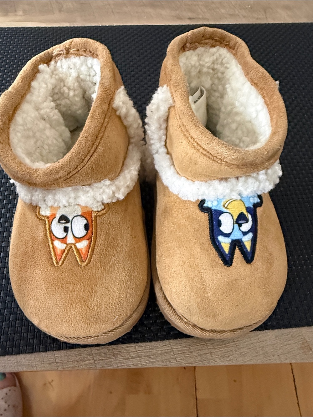 Kids Tan Cozy Lined One-Piece Slippers with Character Embroidery